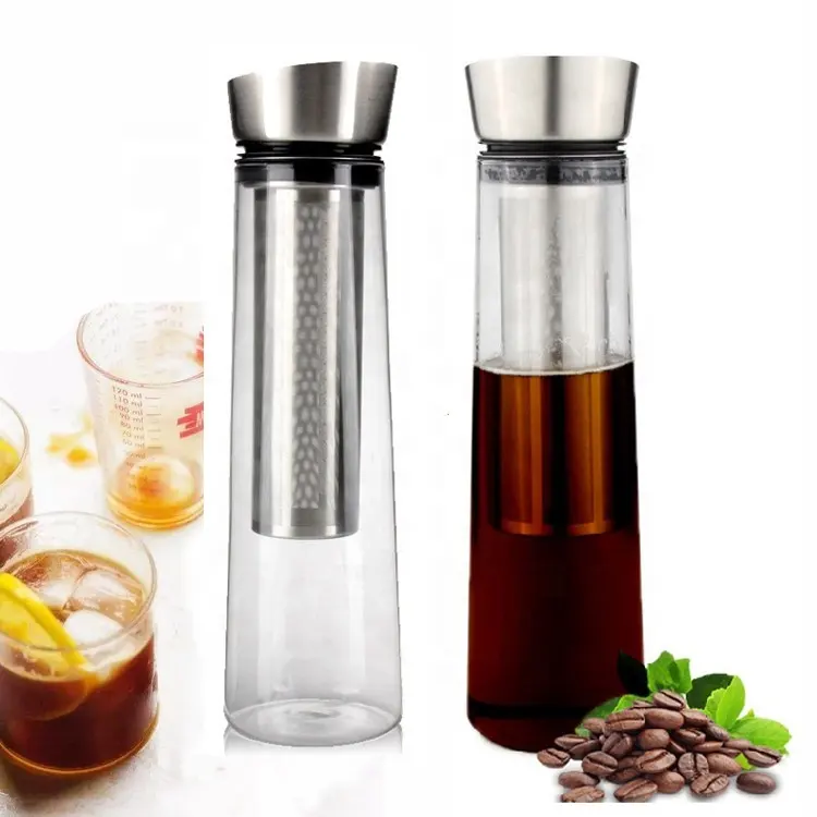 Cafetera en frío de vidrio de borosilicato, botella con colador de té y café de acero inoxidable y tapa a prueba de fugas, novedad