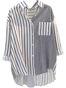 Chemise en lin et coton décontractée pour femmes, nouvel article d'automne, poche unique, couleur bloquée, rayures verticales, vintage, couleur unie, vente en gros en boutique - Product Image 1