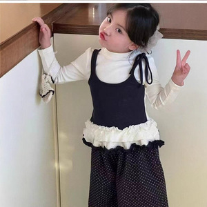 Girls Sweet Cool Style Set Autumn Lace Faux Two Piece Top Polka Dot Wide Leg Pants Cotton Children Outfits - Product Image 4