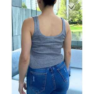 Women's Flat Knitted Criss-Cross Drawstring Crop Top Light Grey Sleeveless Sweater Adjustable Front Lace-Up Casual <b>Sexy</b> 100% - Product Image 4