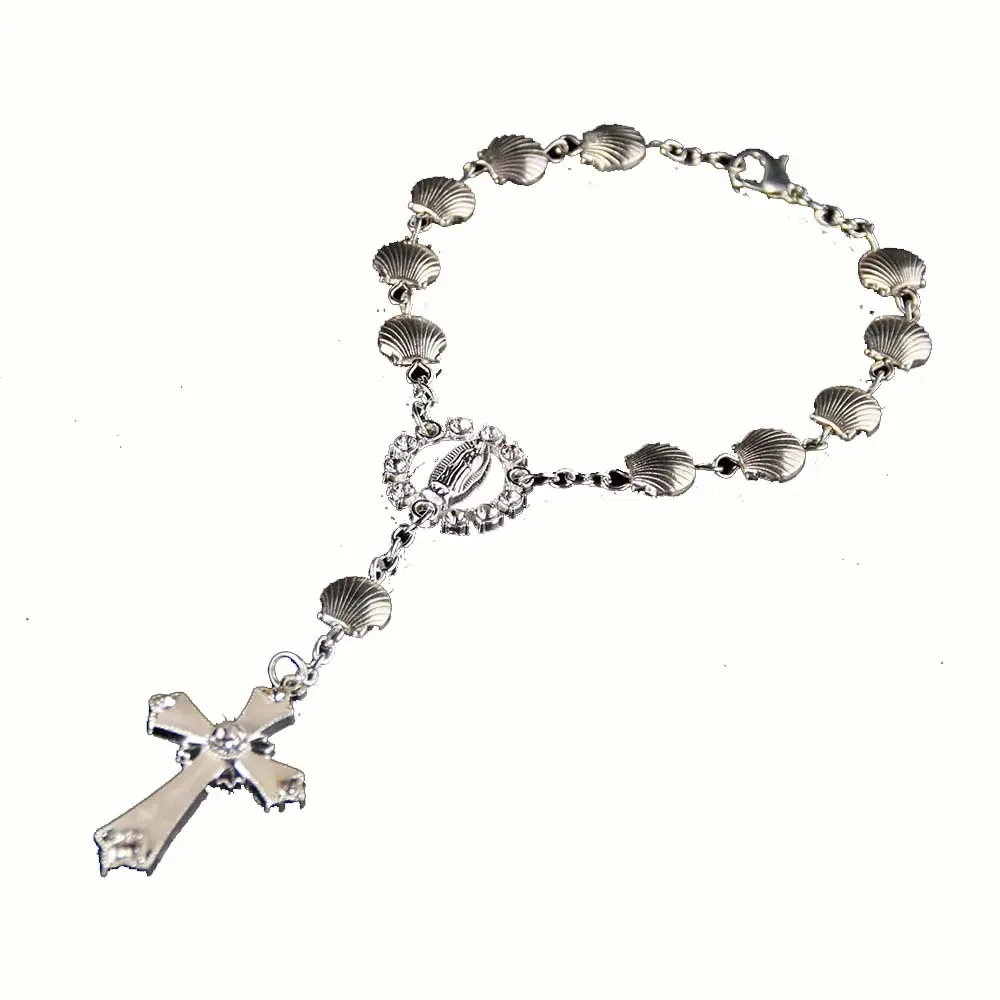 Hot Sale Hollow Out Virgin Mary Cross Prayer Beads Bracelet Vintage 8MM Silver Color Shell Beaded Rosary Bead Bracelet For Women