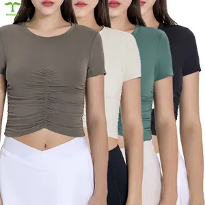 Fabricante personalizado ligero Crop Top mujer cordón camiseta sin mangas deportes Fitness manga corta gimnasio camisa