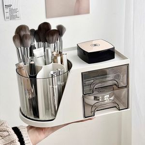 Desktop Rotating Makeup Brush Holder Cosmetic Storage <b>Box</b> With Drawers For Lipstick Eyeshadow <b>Pens</b> Tabletop Organizer - Product Image 1