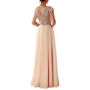 Robe de soirée longue en mousseline de soie à paillettes, col en V, rose, robe formelle d'été - Product Image 3