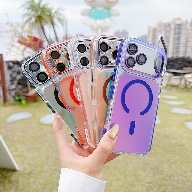 Folding Camera Lens Protection Kickstand Case for iPhone Air 12 13 14 15 16 17Pro Max 17E Wireless Charging Magnetic Clear Cover