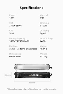 Lampe à tube d'air portable Ulan <span class=keywords><strong>Zi</strong></span> UA20 à double couleur magnétique, 2700-6500k, lumière de remplissage pour photographie intérieure et extérieure - Product Image 2