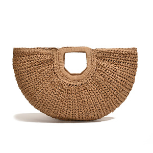 Sacola de mão boêmia com alça superior, sacola de malha retrô de moda com tecido de vime meio redondo artesanal, estilo étnico retrô - Product Image 1