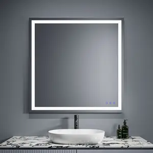 Miroir de salle de bains moderne sans cadre avec lumière IP44, 3 couleurs et lumière réglable 36x36 anti-buée rectangulaire, pour hôtel intelligent