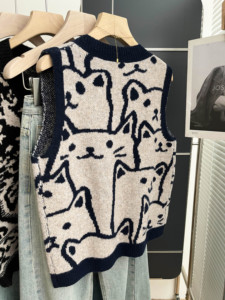 Gilet en tricot pour femme, motif chat de dessin animé mignon, col en V, sans manches, ample, décontracté, pour superposition, OEM ODM - Product Image 4