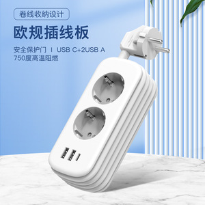 Eu <b>Plug</b> Power Strip 2 Outlets 1 <b>USB</b> <b>C</b> 2 <b>USB</b> A Fire-Resistant Shell Safety Design Desktop Use - Product Image 1