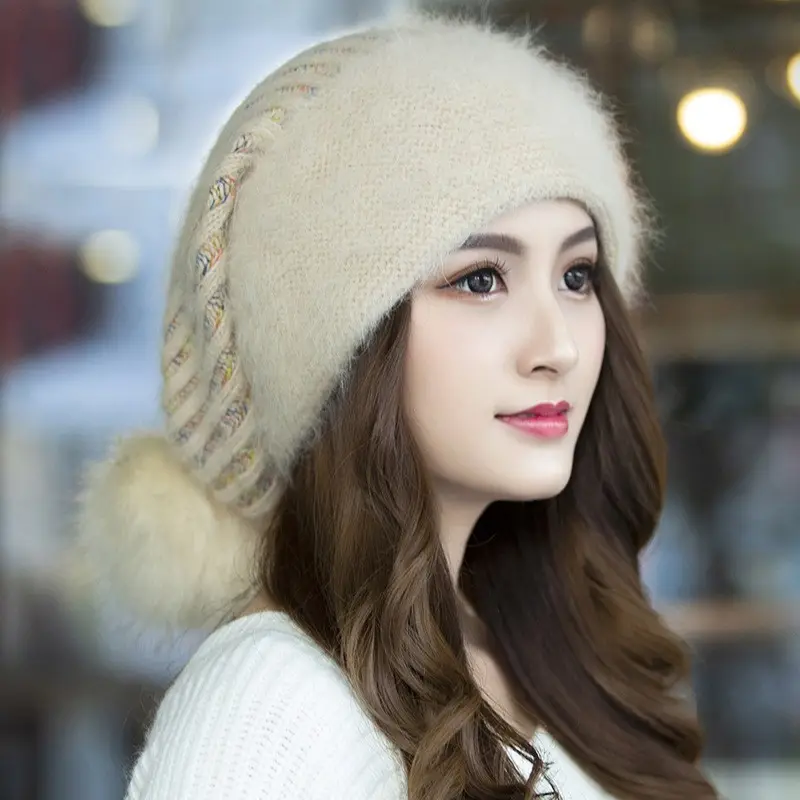 Winter Women Lady Fleece Knitted Hat Wool Rabbit Fur Fashion Warm Earflap Blended Soft Hats Leisure Windproof Females Cap