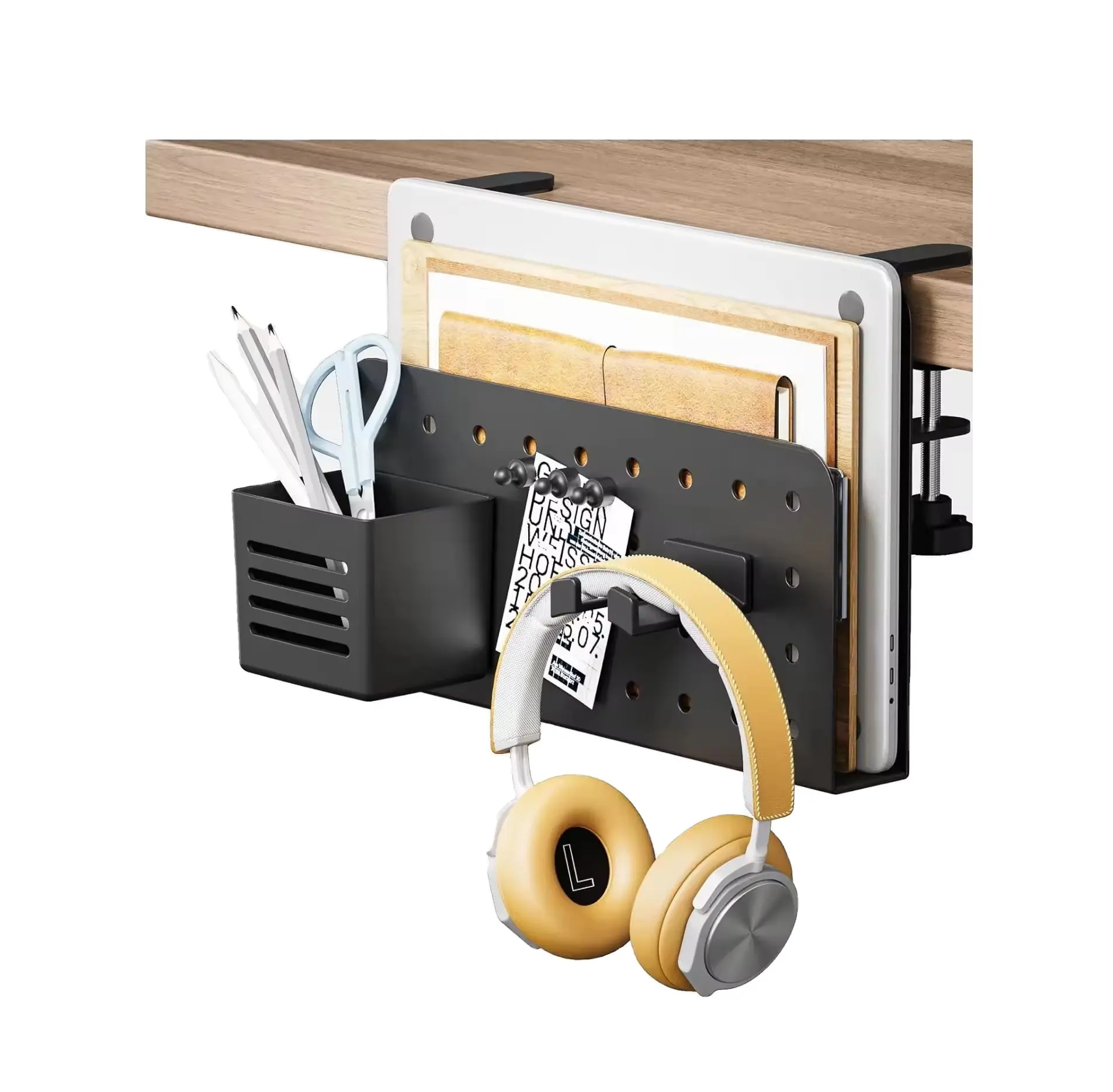 Under Desk Storage, No Drill Desk Side Storage, Three-Level Adjustment Under Desk Organizer with Magnetic Pen Box for Office