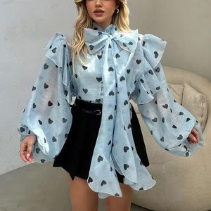 Atacado: Blusas Femininas Elegantes Casuais de Manga Longa com Babados e Estampa – Tendência de Moda Verão 2026 - Product Image 1