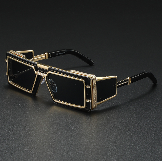 Custom Logo Rectangle Sunglasses with UV400 One Piece Lens Fashionable Futuristic Punk Steampunk Gold for Women and Men