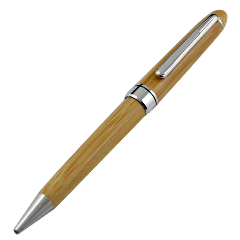 Customized Gift Crafts Wooden Souvenirs Executive Bamboo Ball Pen Elegant Pen Set Silver Rings Wood Ballpoint Pen