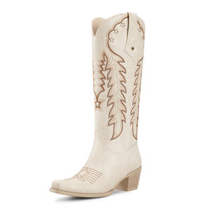 أحذية كاوبوي نسائية WETKISS 2025 رائجة البيع بكعب سميك وتصميم واسع، أحذية طويلة حتى الركبة بلون بيج مع تطريز - Product Image 2