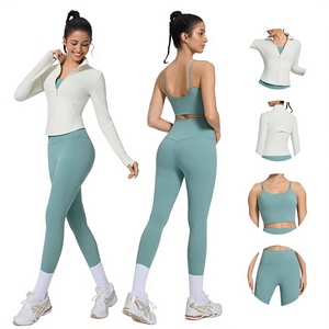Women Premium Two Piece Yoga Set White Zip Jacket Zippers Teal Sports Bra High Waist <b>Leggings</b> Professional Activewear Print - Product Image 4