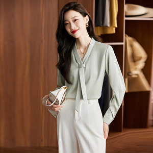 Women's White V-Neck Shirt With Ribbon Solid Color Chiffon Office Blouse Long Sleeve Fashion Top - Product Image 3