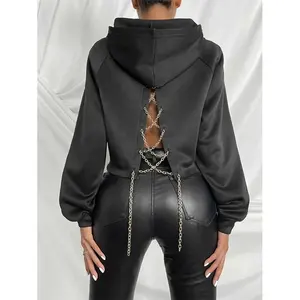 Groothandel Zwarte Lange Mouwen Trui Dames Cropped Top Back Lace-Up Losse Vrouwen Korte Hoodie Met Ketting