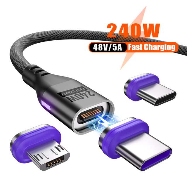 240W Magnetic USB-C to USB-C Fast Charging Cable,Nylon Braided Cord 3in1 USB Type-C Charging Cable