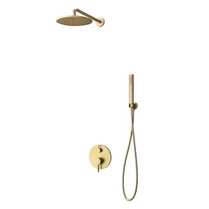 Set Doccia a Parete KAM-ARTE ORO con Finitura Oro Spazzolato, Include Soffione Doccia e Doccetta per Bagno - Product Image 2