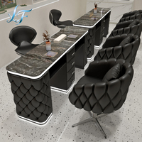 Ensemble de table de manucure de luxe capitonnée à bulles avec aspirateur de poussière double intégré, éclairage LED inférieur, bureau à ongles en marbre et tiroirs de rangement