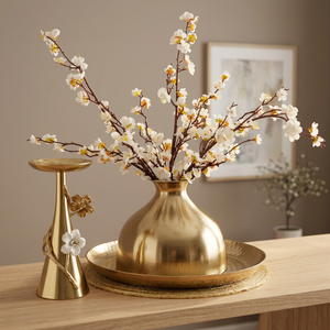 Vase à fleurs en métal doré de luxe avec tiges de fleurs de cerisier artificielles, centre de table décoratif pour la décoration de la maison - Product Image 2