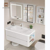 Meuble-lavabo mural double couche silencieux avec miroir lumineux pour salle de bain et buanderie, en bois