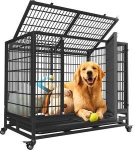 Cage pour chien en acier inoxydable noir, finition thermolaquée respirante, plateau en plastique, fermeture à bouton - Grande cage pour l'élevage et l'exercice - Product Image 2