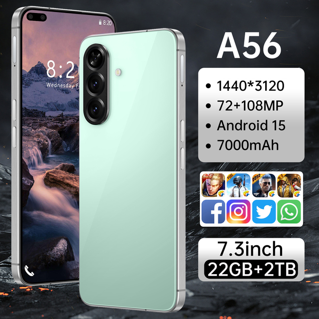 Eye-catching A56 5G Smartphone 7.3 Inch Face Unlock 16GB+1TB Android 14 72+108MP HD Camera Dual Card CDMA Gaming Phone