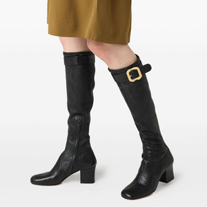 Bottes hautes pour femmes à bout carré, grande taille 46, coupe large, talons épais, boucle métallique supérieure, bottines longues - Product Image 1