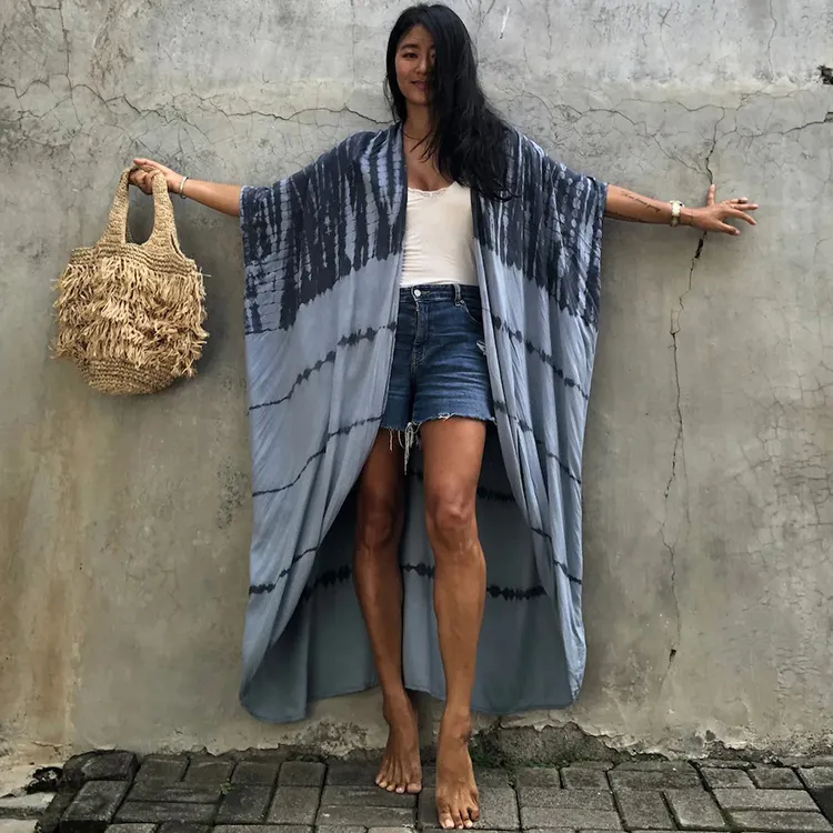 Beach Cover Ups For Women Blue Striped Printed African Kimonos Ladies