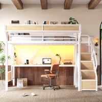 Lit superposé moderne en métal pour écoliers, taille double, avec bureau, prise électrique, bande LED, panneau perforé, paniers en maille, rangement, escalier, armoire, ODM OEM