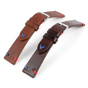 Correa de <span class=keywords><strong>reloj</strong></span> de cuero genuino de 2016 mm y 2218 mm con costuras rojas y azules y hebilla de pasador; Éxito de ventas en <span class=keywords><strong>AliExpress</strong></span> directo de fábrica - Product Image 1