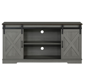 Mid-Century Style <b>Adjustable</b> TV Stand Living Room Two Tone Design Metal Black Accent X-Cross Sliding Drawer Door Brown Gray - Product Image 5