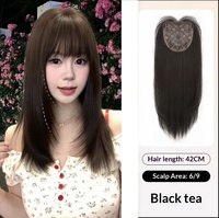 Perruque synthétique mi-longue brune élégante avec frange aérienne, effet naturel et volumineux, résistante à la chaleur, couvrant toute la tête