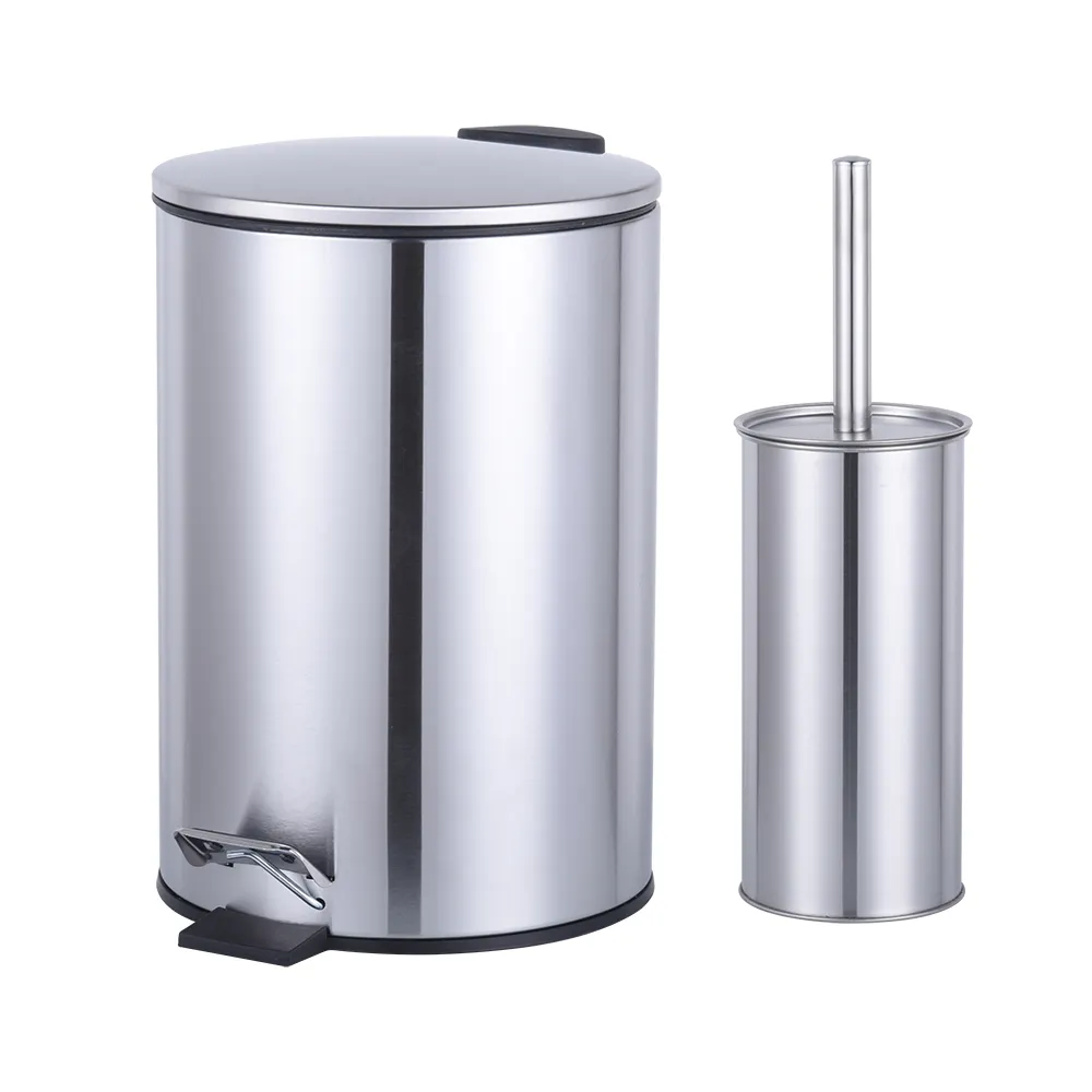 7L Stainless steel silver slim bathroom trash can with toilet brush