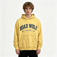 Sweat-shirt à capuche Road Wolf Heavyweight délavé au soleil, style universitaire, imprimé lettres, jaune délavé à l'acide, streetwear vieilli