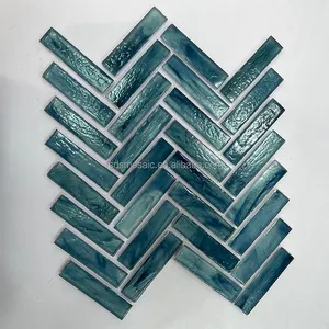 Bleu chevrons parallélogramme galvanoplastie argent brillant corps complet dosseret cuisine verre mosaïque carrelage