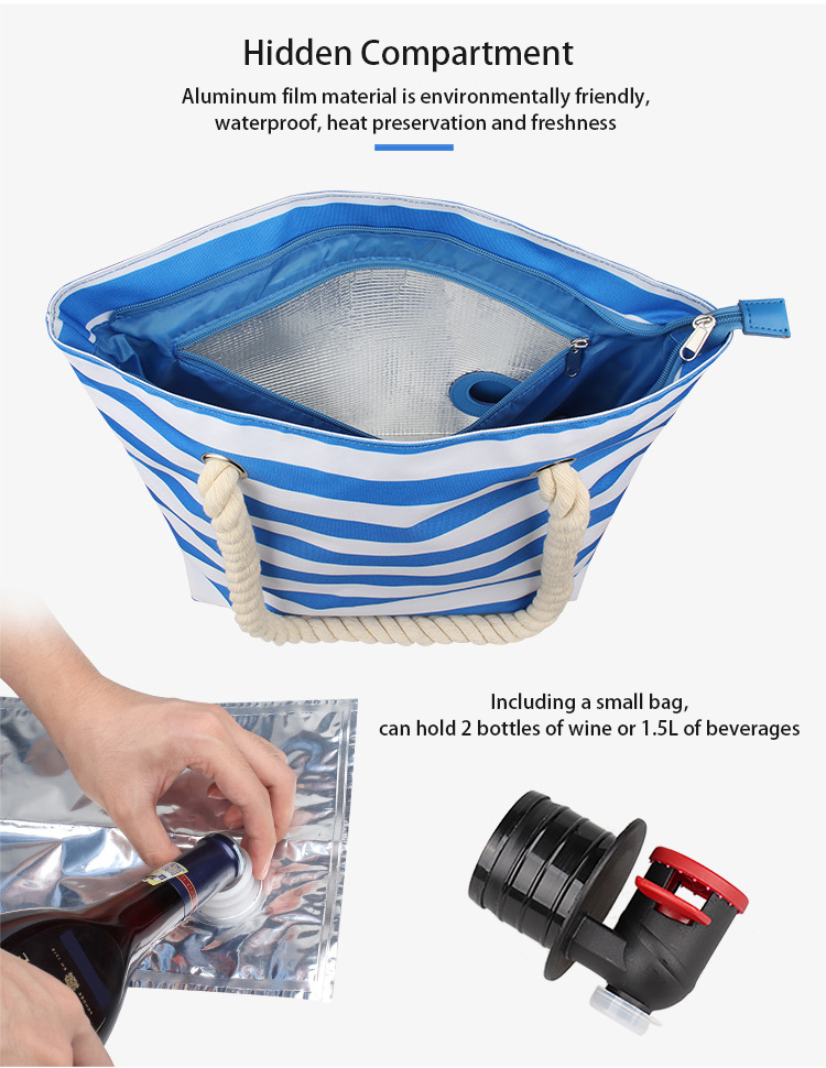 Amazon top seller aluminum film pink stripes colour tote shoulder handbag wine cooler beach bag