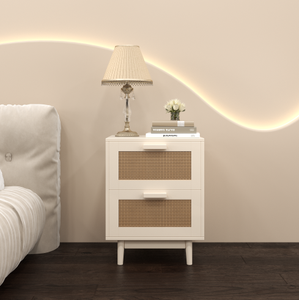 Modern <b>White</b> Natural Rattan <b>Bedside</b> Nightstand 2 Large Drawers Solid Wooden Legs Charging Station Accent End <b>Table</b> for Bedroom - Product Image 1