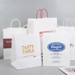Venta al por mayor personalizado impreso Blanco marrón compras bolsa de papel Kraft con asa restaurante llevar para llevar bolsa comida rápida bolsa para llevar
