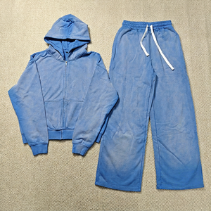 Custom Printed Eco-Friendly Streetwear Cotton Sun Faded Sweatsuit Baggy Acid Wash Spring <b>Zip</b> Hoodies Sweatpants Set Men's - Product Image 1
