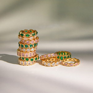 Pink Green Zircon <b>Ring</b> <b>Set</b> Women's <b>Gold</b> Tone Channel Setting Geometric Fashion Jewelry Gift Occasion - Product Image 3