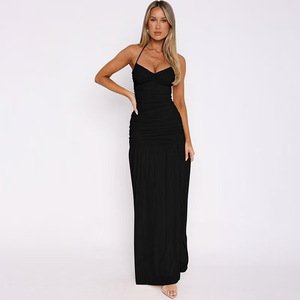 Vestido Casual de Verano para Mujer, sin Mangas, Halter, Sexy, para Fiesta, Liso, con Abertura Alta y Plisado - Product Image 4
