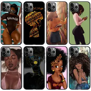 Casing ponsel seni wanita hitam, untuk iPhone 15, Afro Girl dicetak Matte lembut TPU penutup belakang untuk iPhone 14 13 12 11 Pro Max XS 7 8