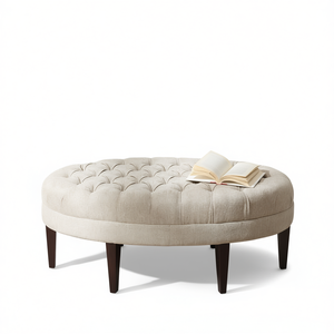 Banc Martin, pouf rond capitonné, revêtement en tissu, pieds en bois, meubles modernes pour salon, tabouret pour la maison - Product Image 1