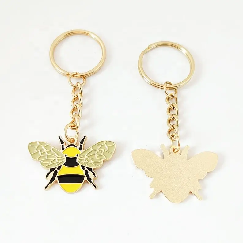 factory wholesale free mock up charge lovely fashion metallic metal soft enamel bee keychains bag charms for decorations