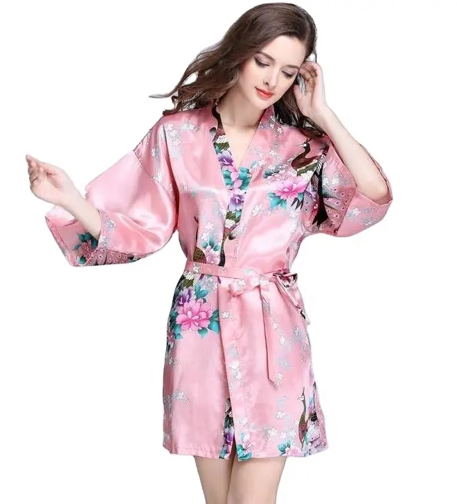 Customized Cheap Simple Style Silk Satin Floral Night Robe With Label For Bridesmaid Party Gift