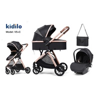 Poussette Kidilo Réversible et Haute de Gamme Trois-en-Un, Multifonctionnelle, Pliable avec Amortisseur, pour Nouveau-né, Housse en Lin pour Voiture, pour Enfants
